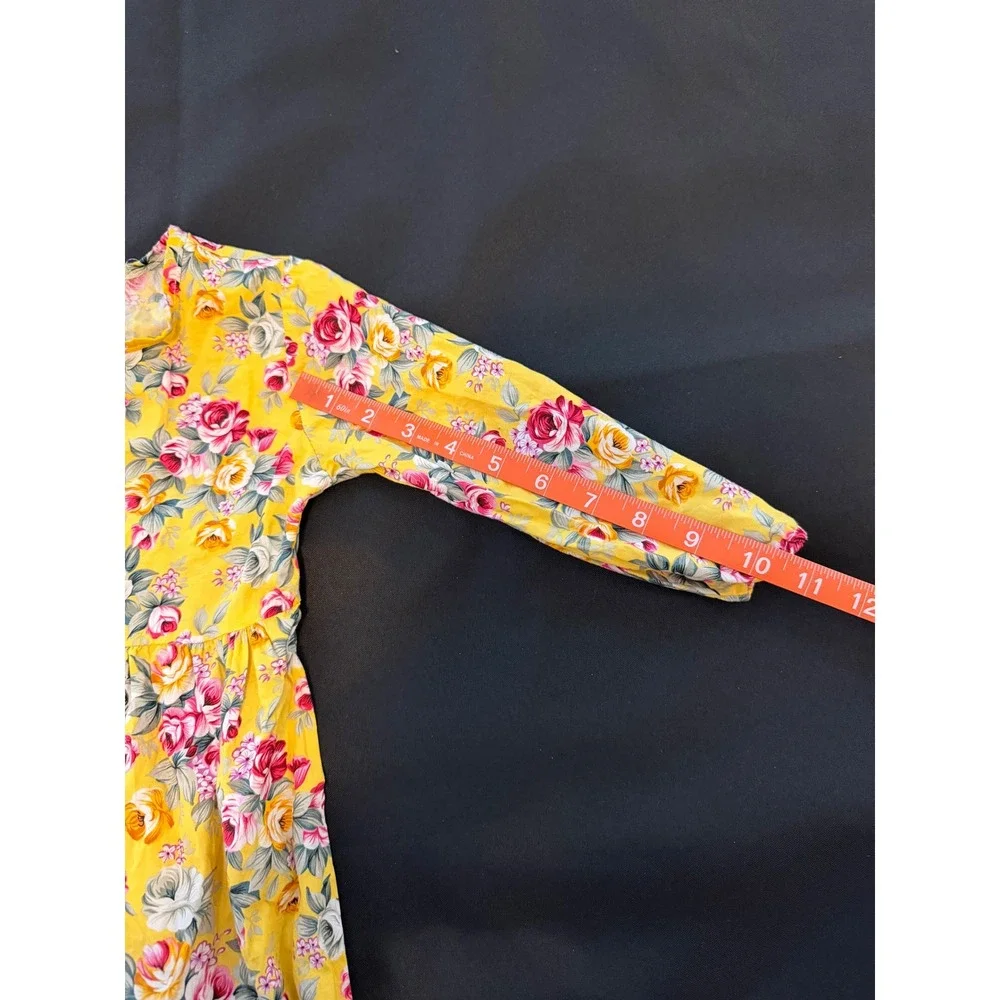 Yellow Floral Long Sleeve Rose Print Dress Kids Button Back Gathered Waist